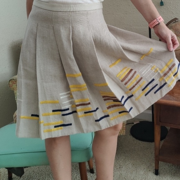 Anthropologie Cream/Tan Pleated Linen Hatch Mark Skirt Size 4P | Maeve - Picture 3 of 10